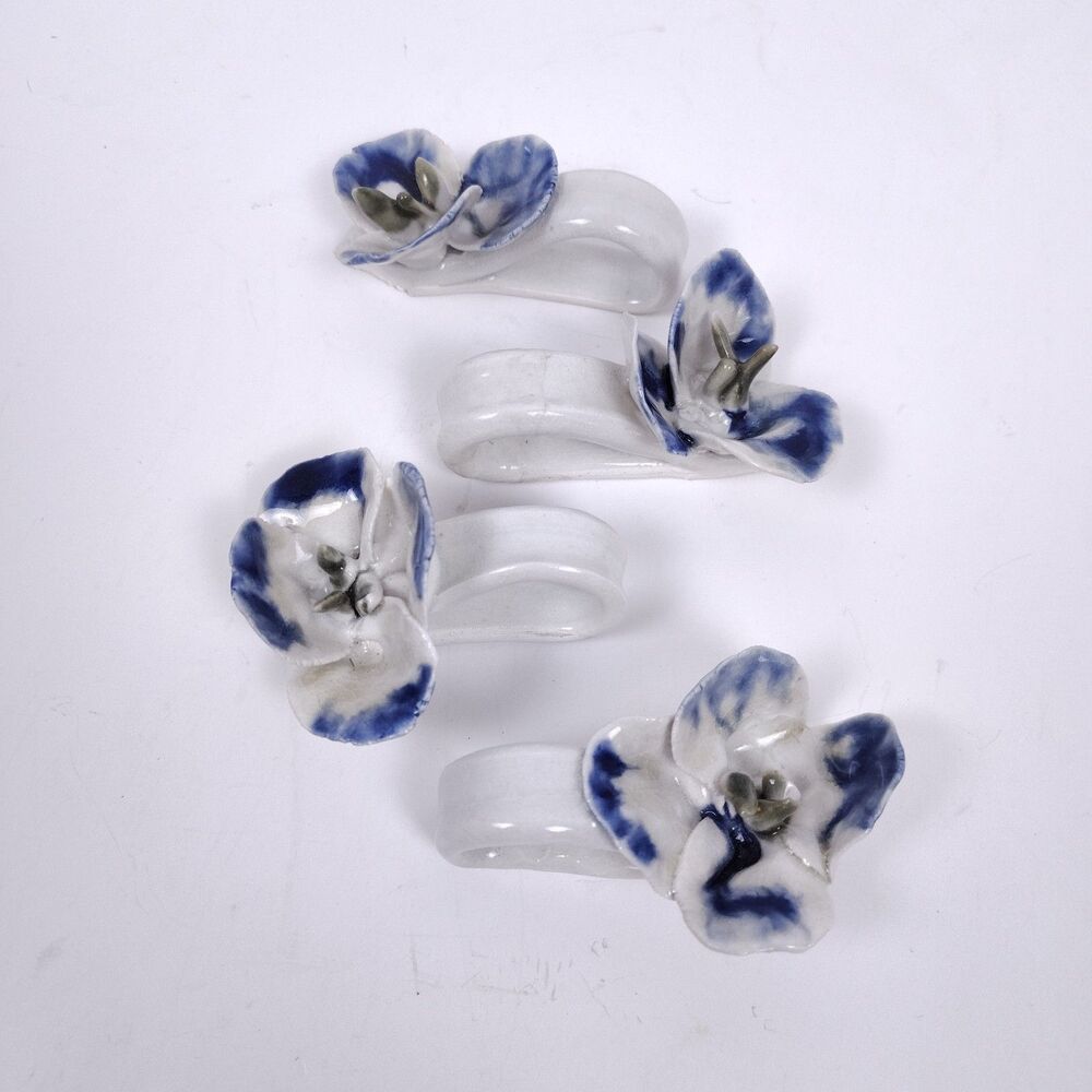 Set Of 4 Handmade Ceramic Blue & White Orchid Napkin Rings Chinoiserie Cottage